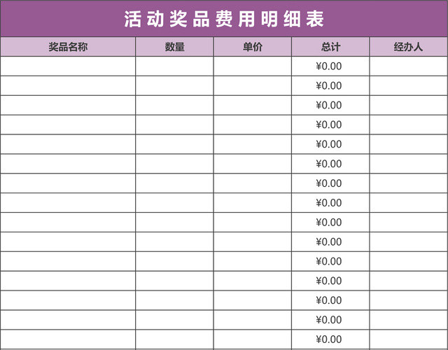 活动奖品费用明细表格EXCEL模板