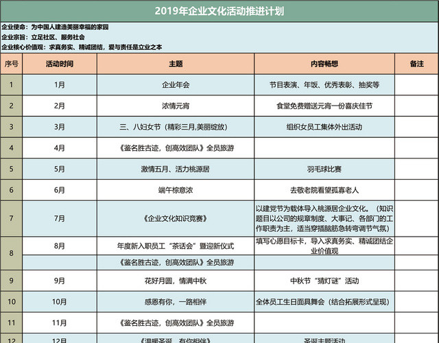 企业文化活动推进计划表格EXCEL模板