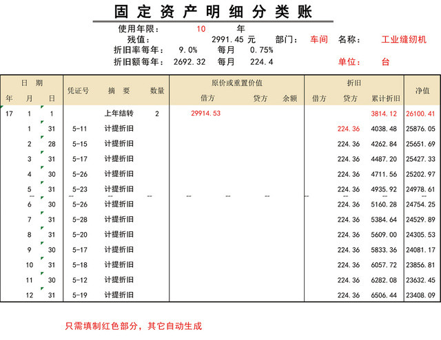 固定资产明细分类账表格EXCEL模板