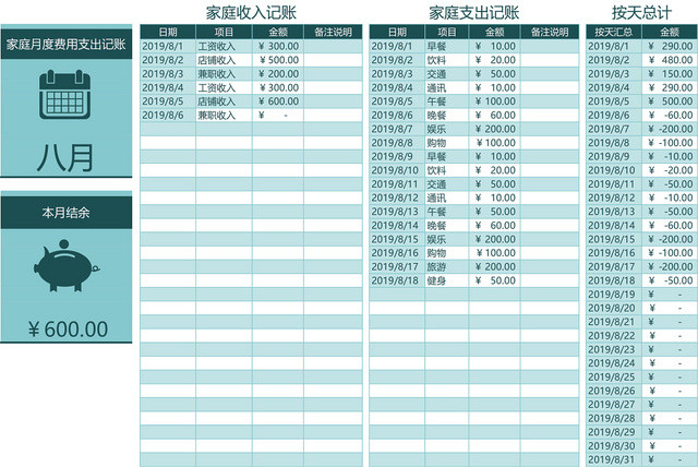 家庭收支记账表格EXCEL模板