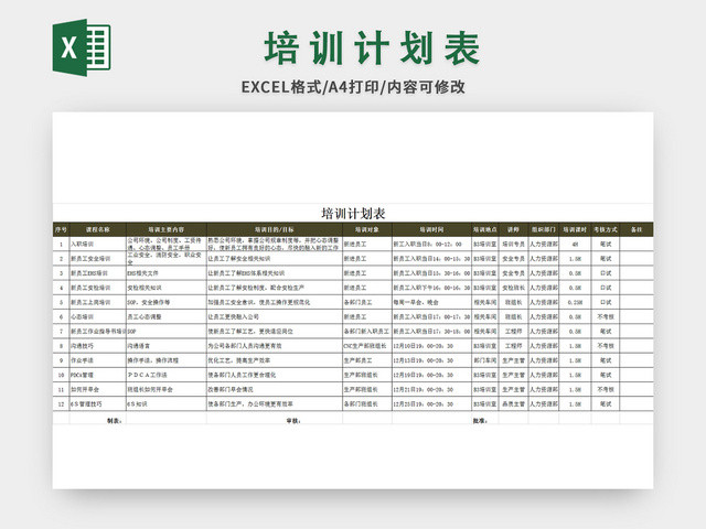 常用新员工培训计划表EXCEL模板