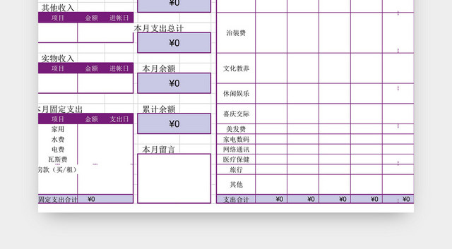 家庭收支记账表格EXCEL模板