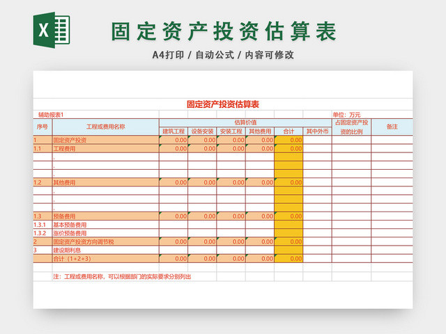 固定资产投资估算表格EXCEL模板