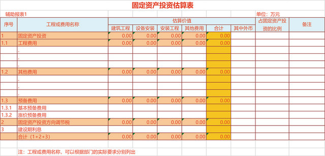 固定资产投资估算表格EXCEL模板