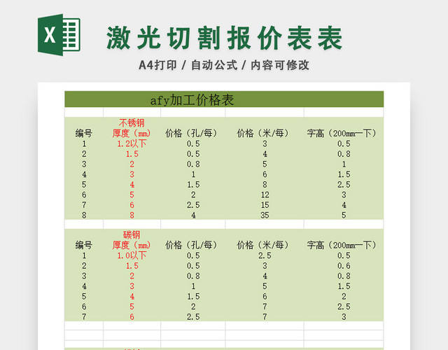 激光切割报价表