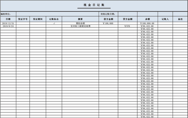 日常收支流水账现金日记账表格EXCEL模板