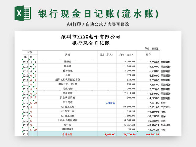 银行现金日记账表格EXCEL模板