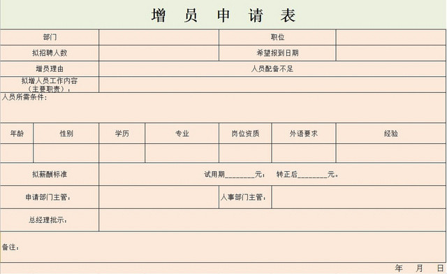 增员招聘申请表应聘登记表