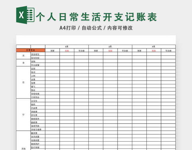 个人日常生活开支记账表格EXCEL模板