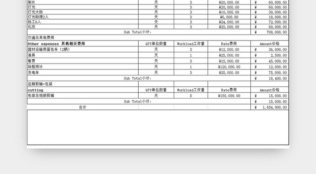 常用宣传片拍摄报价EXCEL模板