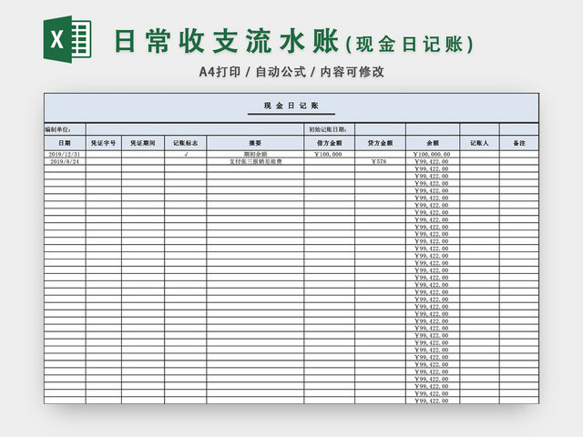 日常收支流水账现金日记账表格EXCEL模板