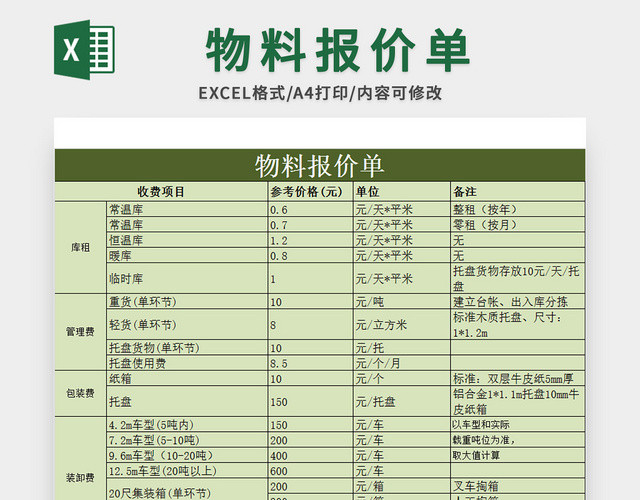 绿色物料报价单EXCEL模板