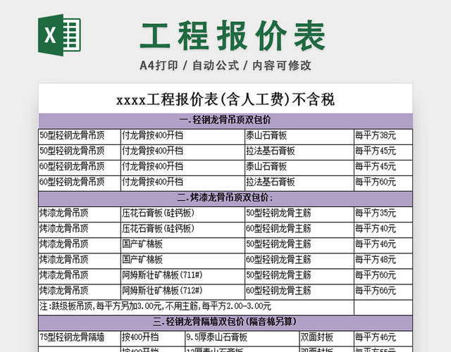 工程报价表采购清单