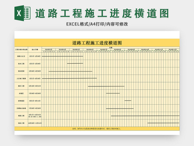 橙色道路工程施工进度横道图EXCEL模板