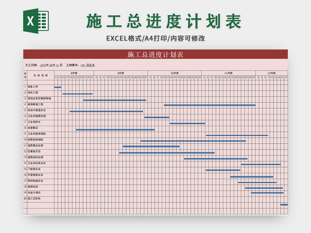 红色常用施工总进度计划表EXCEL模板