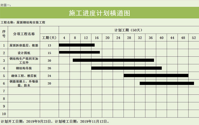 绿色施工进度计划横道图EXCEL模板