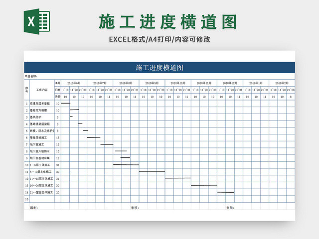 蓝色简约施工进度计划横道图EXCEL模板