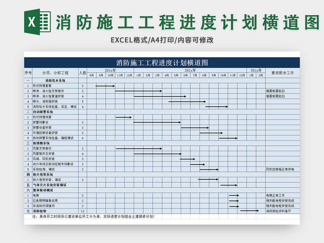 蓝色消防施工工程进度计划横道图EXCEL模板