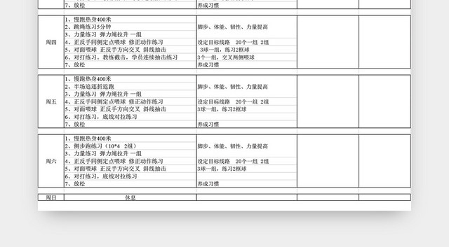 少年专业网球训练周计划表EXCEL模板