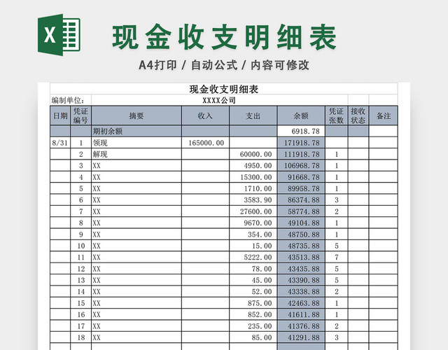 现金收支明细表EXCEL模板