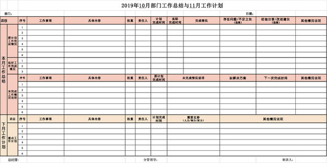 部门月度工作总结与计划表EXCEL模板