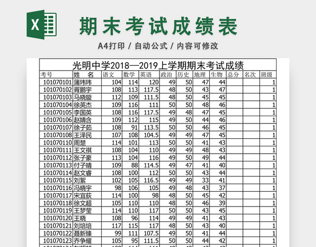 期末考试学生成绩表EXCEL模板