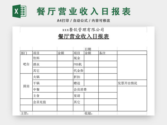 餐厅营业收入日报表EXCEL模板