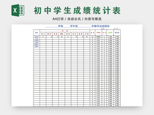 初中学生成绩统计表EXCEL模板