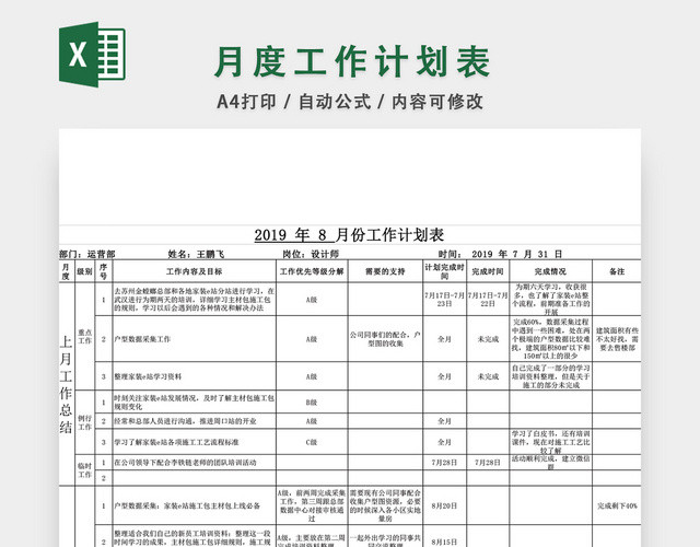 月度工作计划表EXCEL模板
