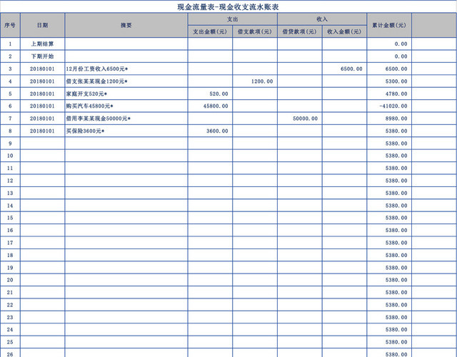 现金收支流量表现金收支流水账EXCEL模板