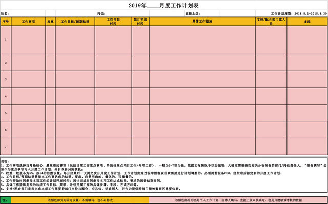 月度工作计划表EXCEL模板