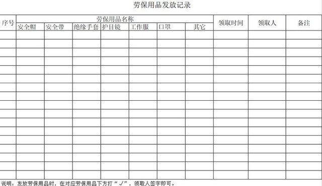 劳保用品发放表记录表发放明细