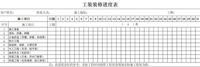 简约装修工程施工计划表进度表