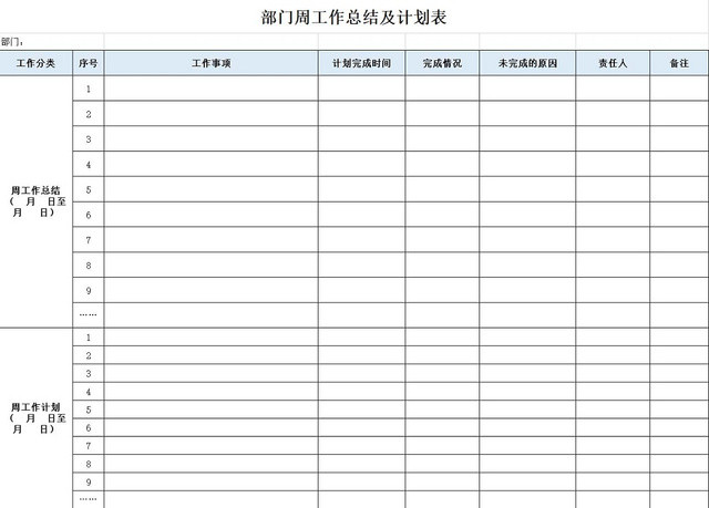 周工作计划总结表部门工作计划