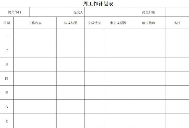周工作计划总结表部门工作计划