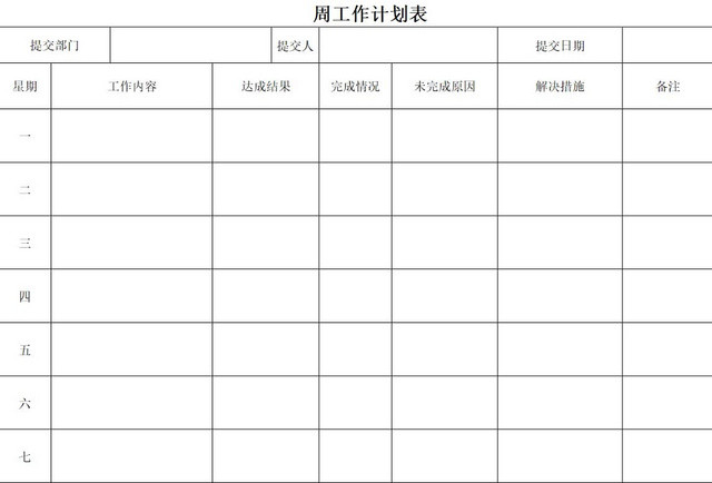 周工作计划总结表部门工作计划