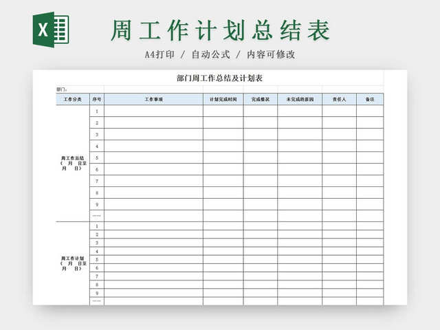 周工作计划总结表部门工作计划