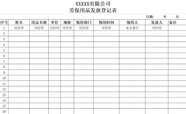 劳保用品发放表记录表发放明细
