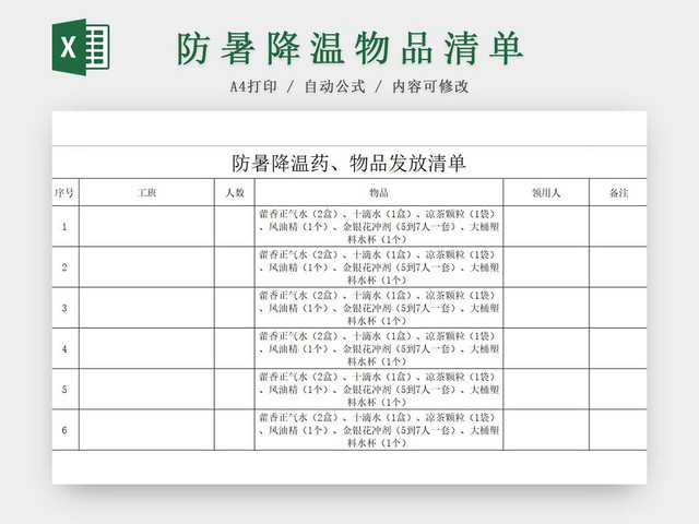 防暑降温物品清单物品发放记录