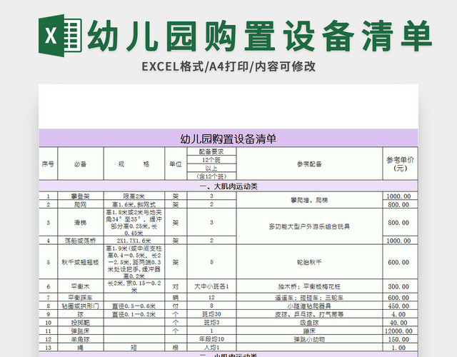 幼儿园购置设备清单EXCEL模板