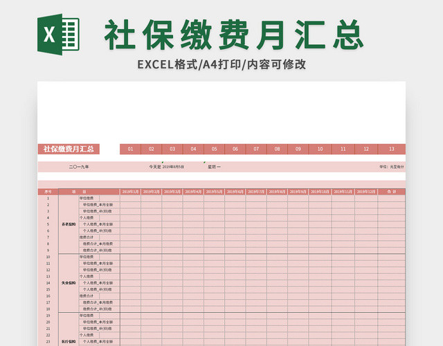常用社保缴费月汇总EXCEL模板