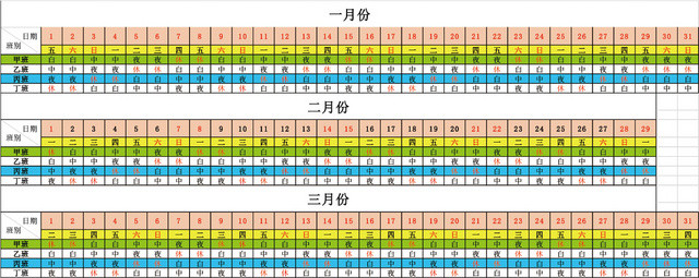 四班三倒排班表EXCEL模板