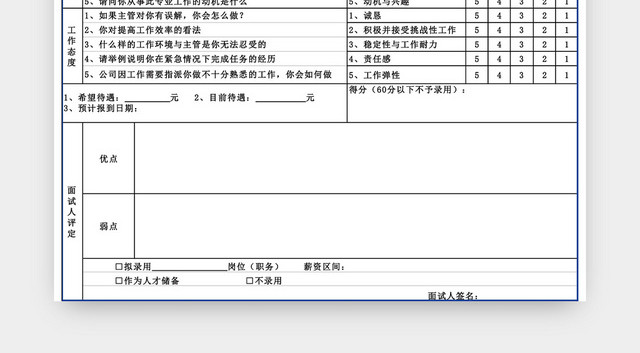 公司面试评估表EXCEL模板