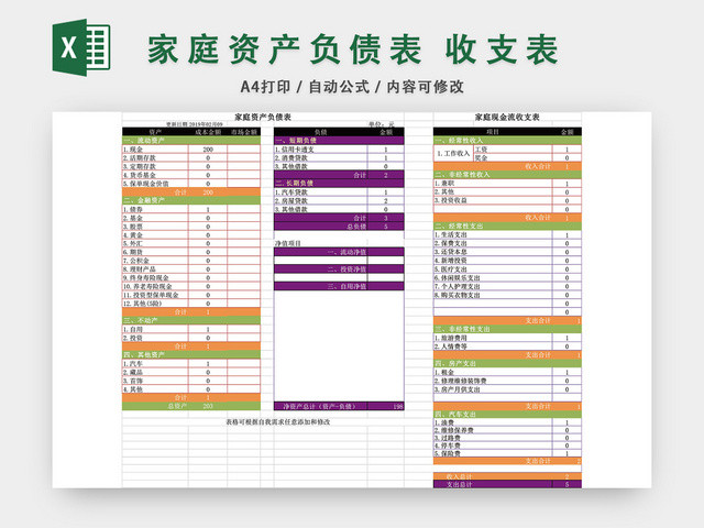 家庭资产负债表现金流收支表收支预算表EXCEL模板