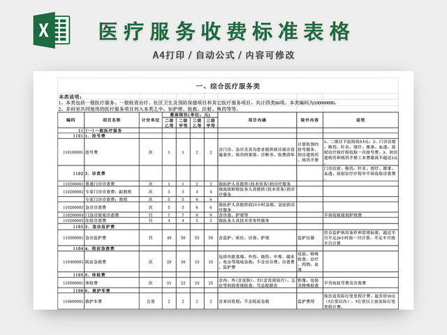 医疗服务收费标准EXCEL模板