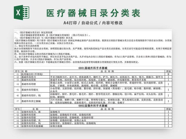 医疗器械目录分类EXCEL模板