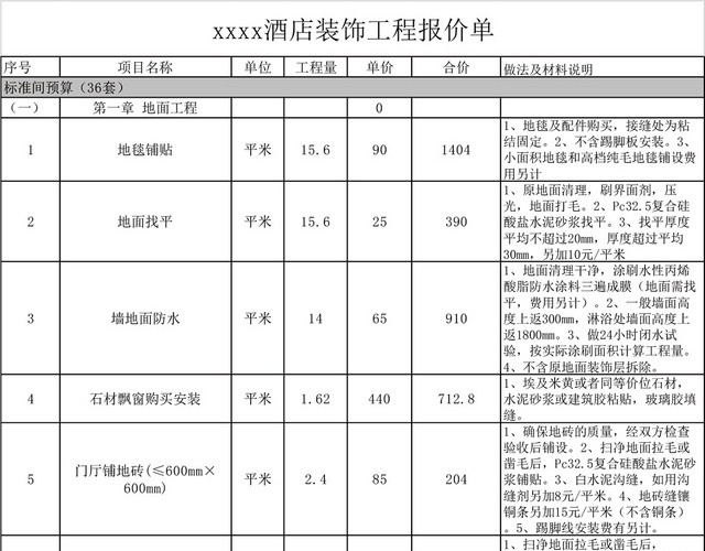 酒店装饰装修工程预算表EXCEL模板