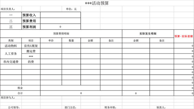 活动预算表模板EXCEL模板