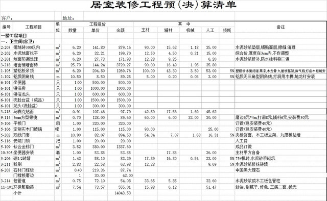 家庭装修明细预算清单EXCEL模板