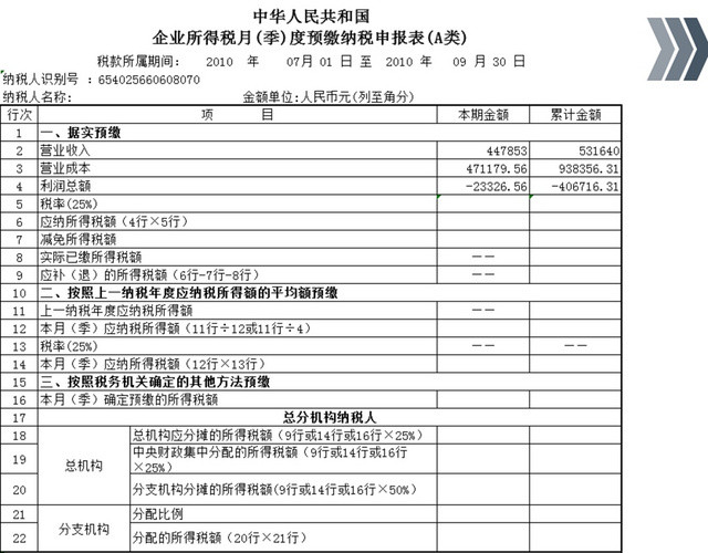所得税预缴纳税申报表